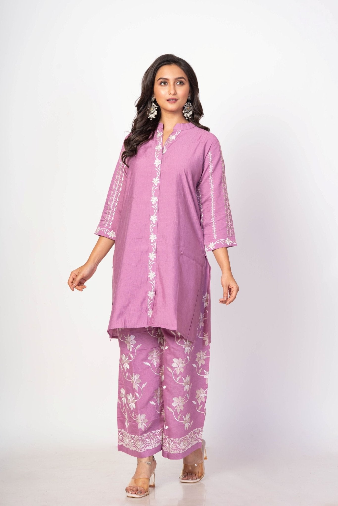 Purple Co - ord Set with White Embroidered Work - Anvi Couture