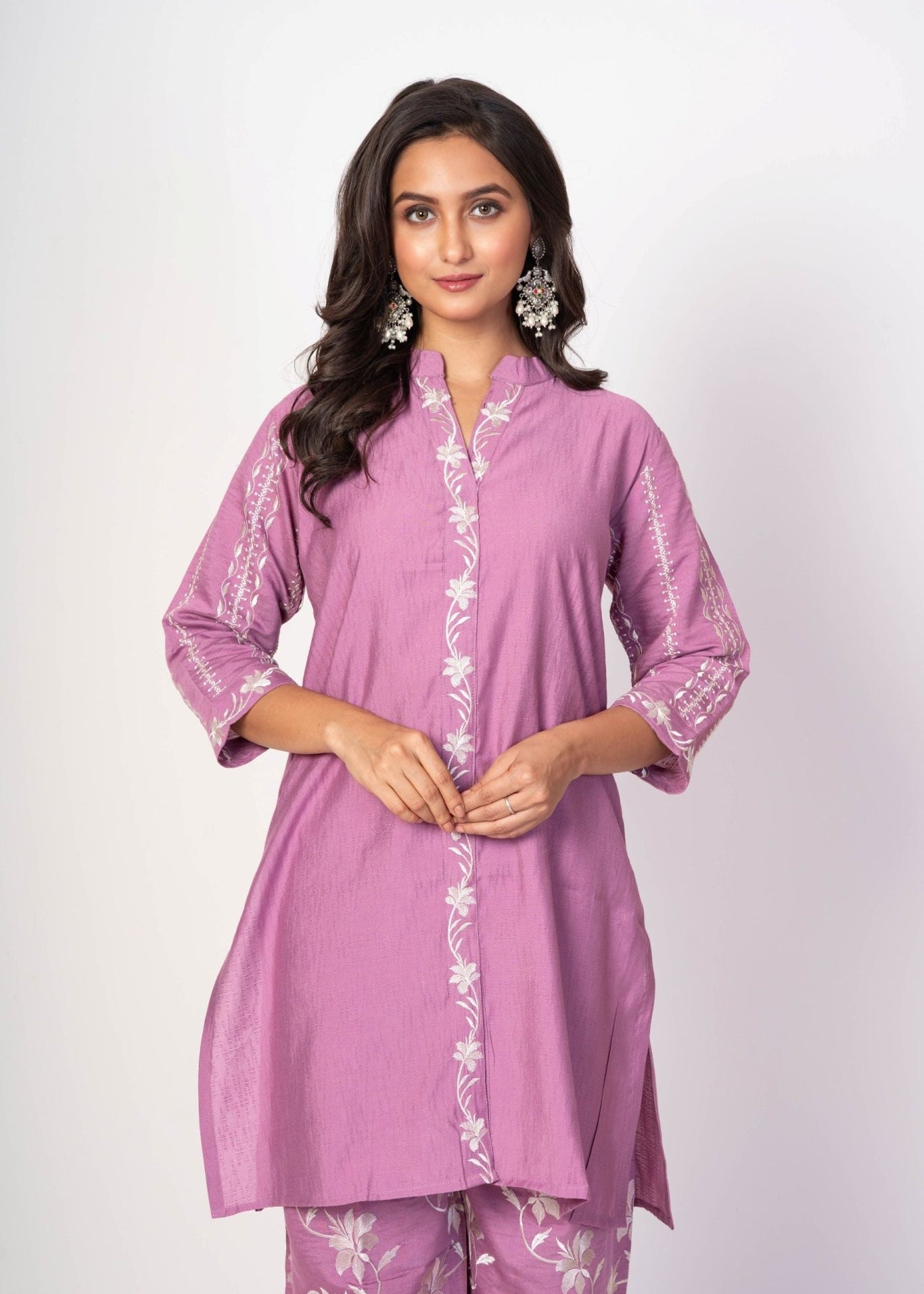 Purple Co - ord Set with White Embroidered Work - Anvi Couture