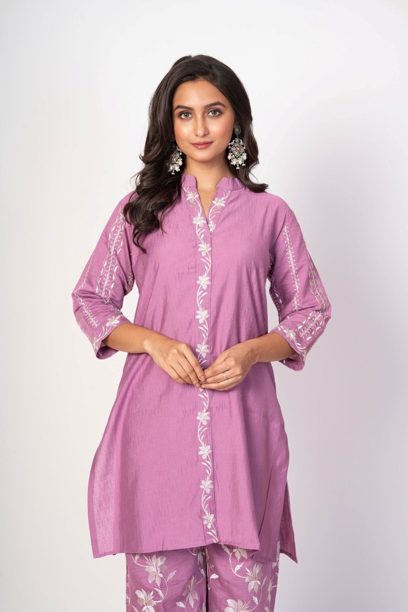 Purple Co - ord Set with White Embroidered Work - Anvi Couture