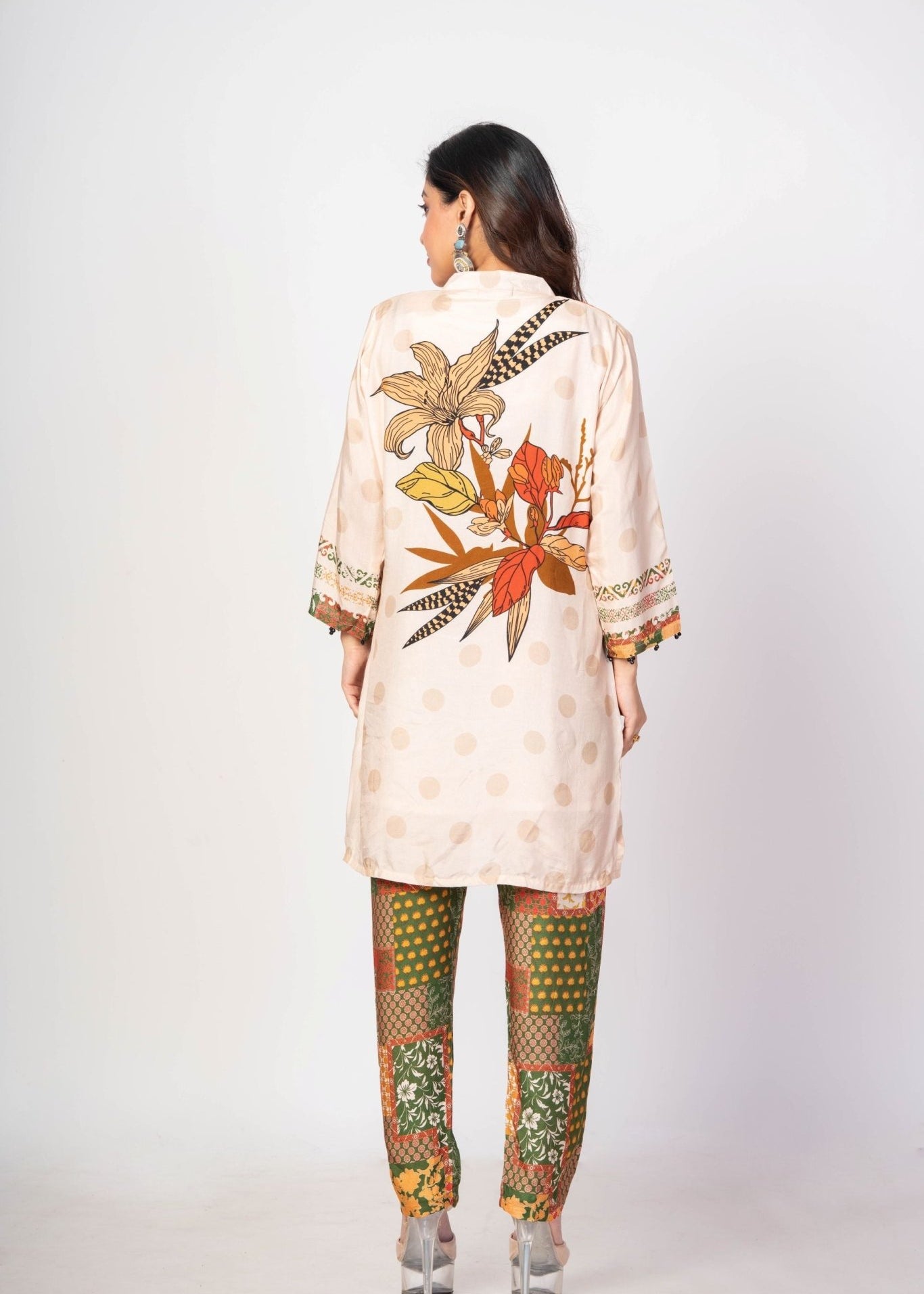 Off White and Green Printed Co - ord set Floral Print - Anvi Couture