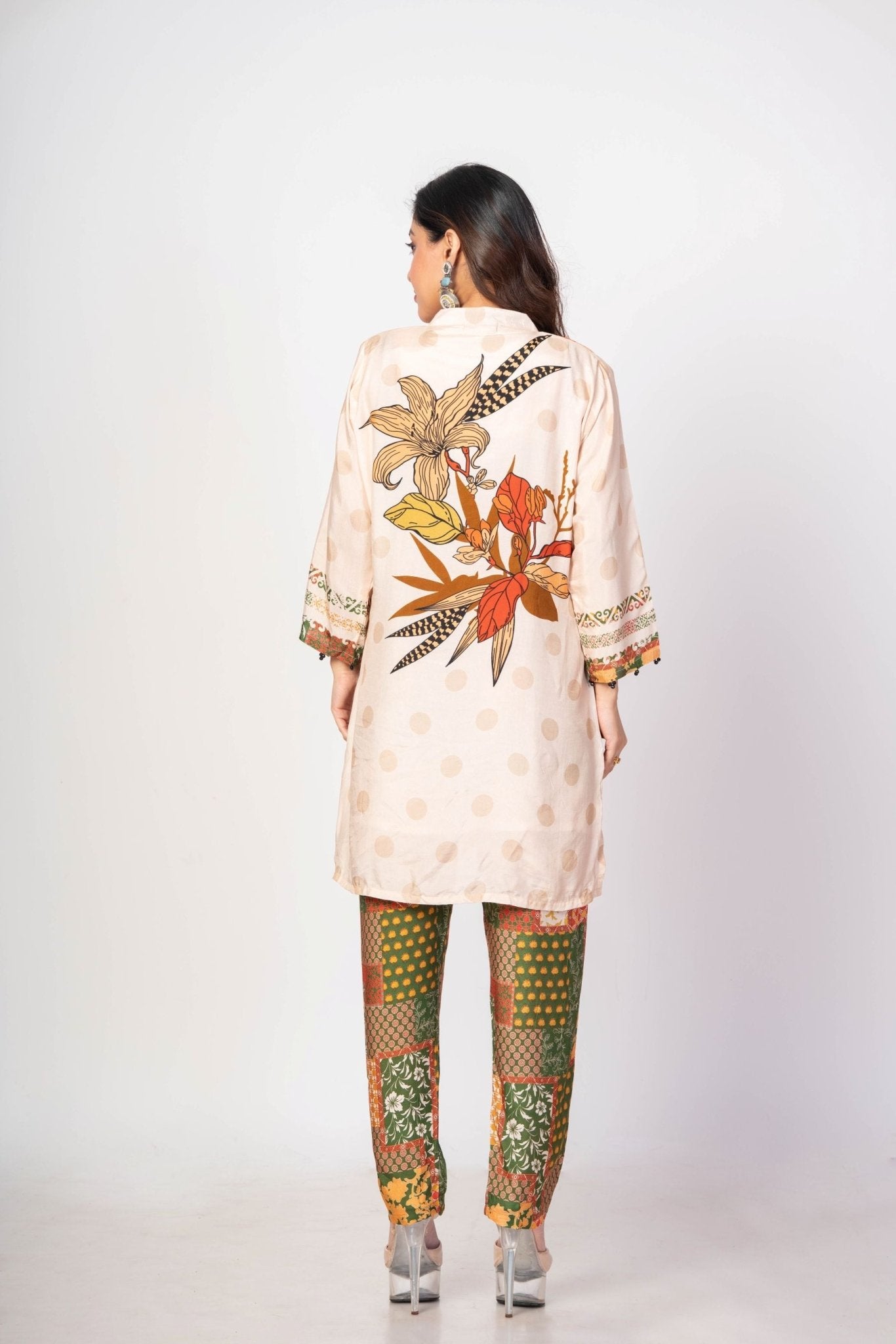 Off White and Green Printed Co - ord set Floral Print - Anvi Couture