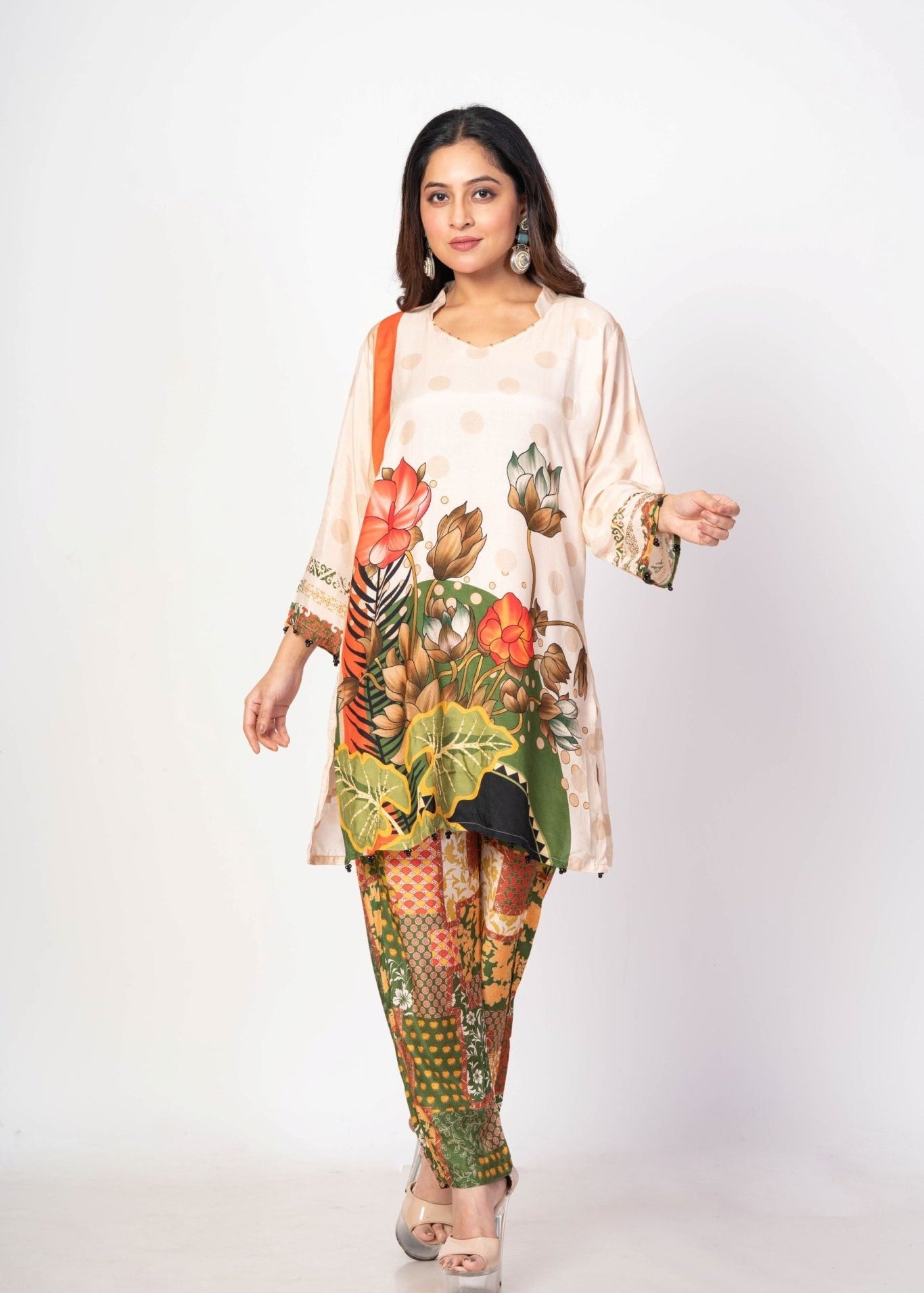 Off White and Green Printed Co - ord set Floral Print - Anvi Couture