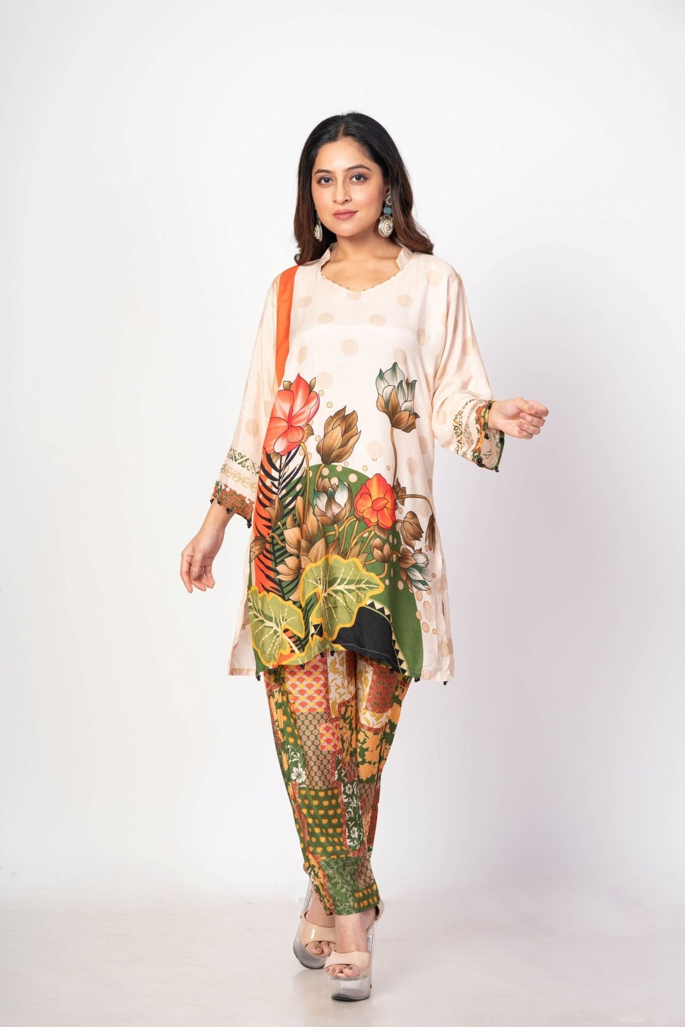 Off White and Green Printed Co - ord set Floral Print - Anvi Couture