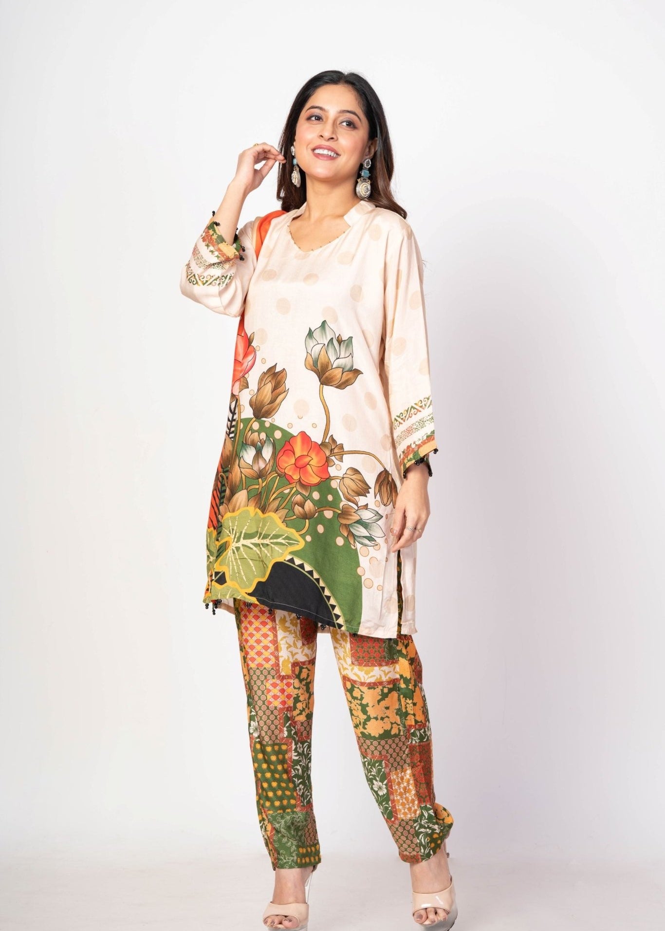 Off White and Green Printed Co - ord set Floral Print - Anvi Couture