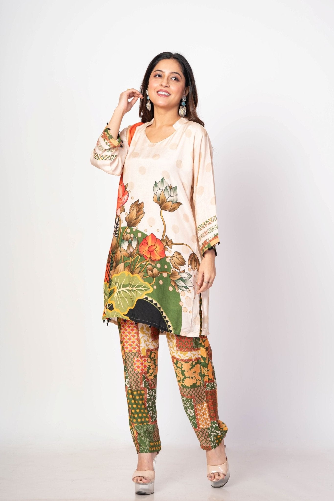 Off White and Green Printed Co - ord set Floral Print - Anvi Couture