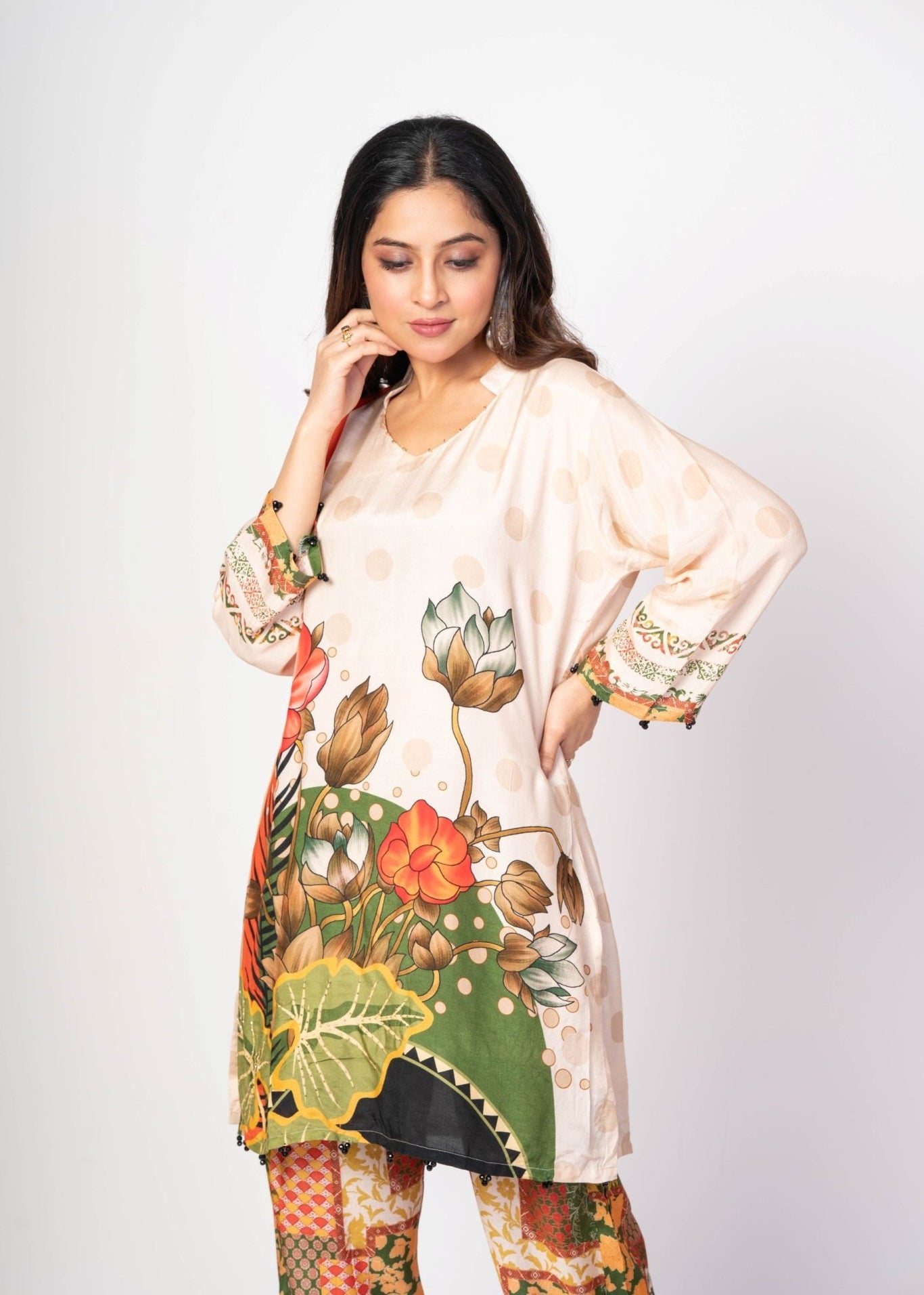 Off White and Green Printed Co - ord set Floral Print - Anvi Couture