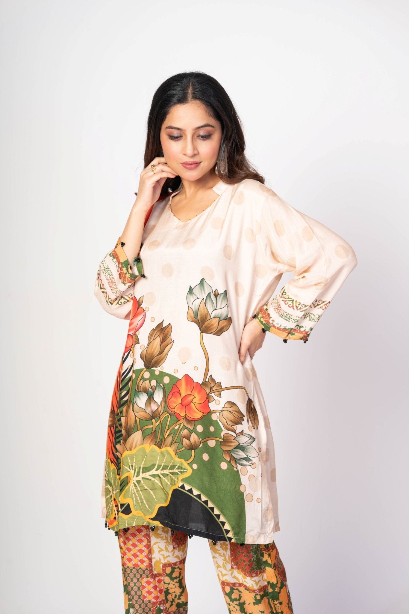 Off White and Green Printed Co - ord set Floral Print - Anvi Couture