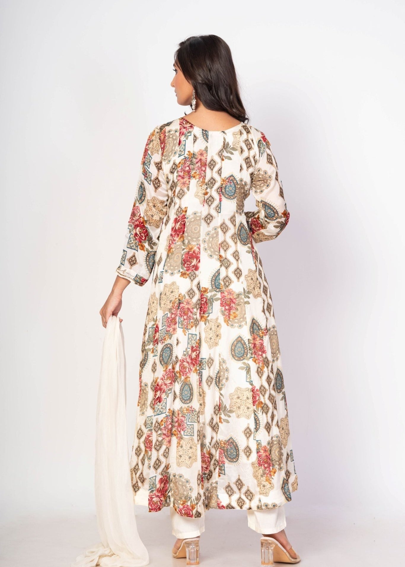 White Floral Printed Anarkali Set With Embroidered Work - Anvi Couture