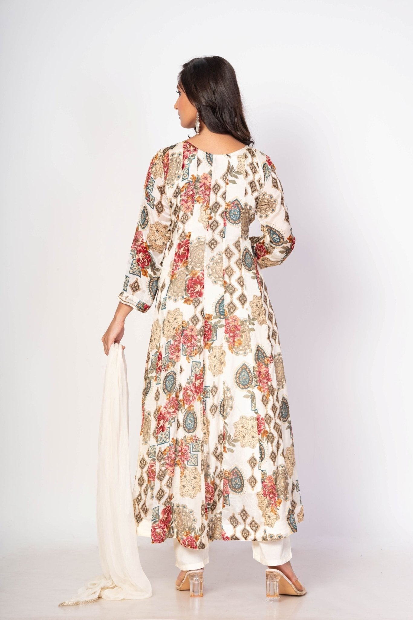 White Floral Printed Anarkali Set With Embroidered Work - Anvi Couture