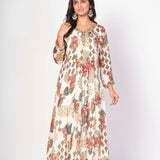 White Floral Printed Anarkali Set With Embroidered Work - Anvi Couture