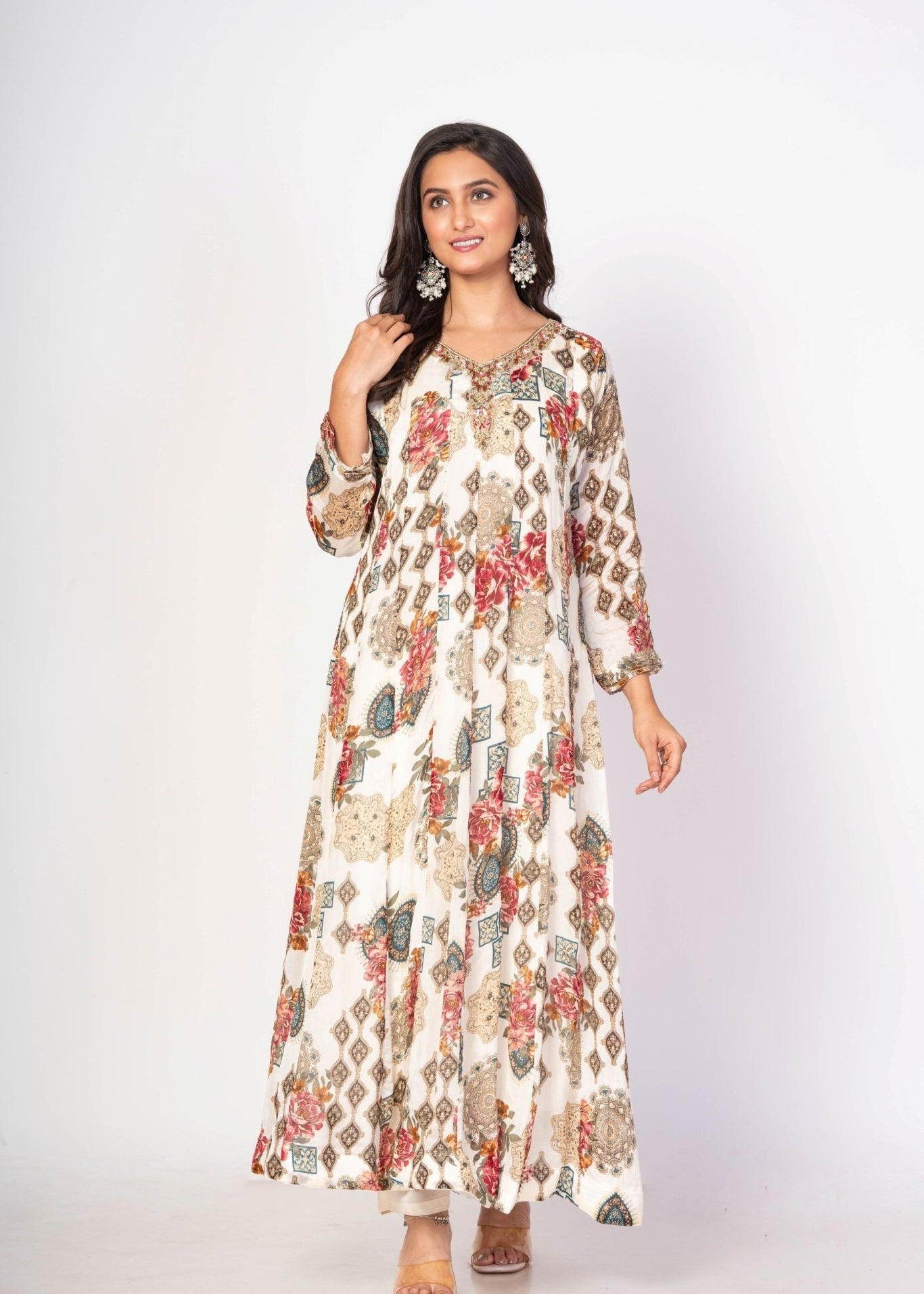 White Floral Printed Anarkali Set With Embroidered Work - Anvi Couture