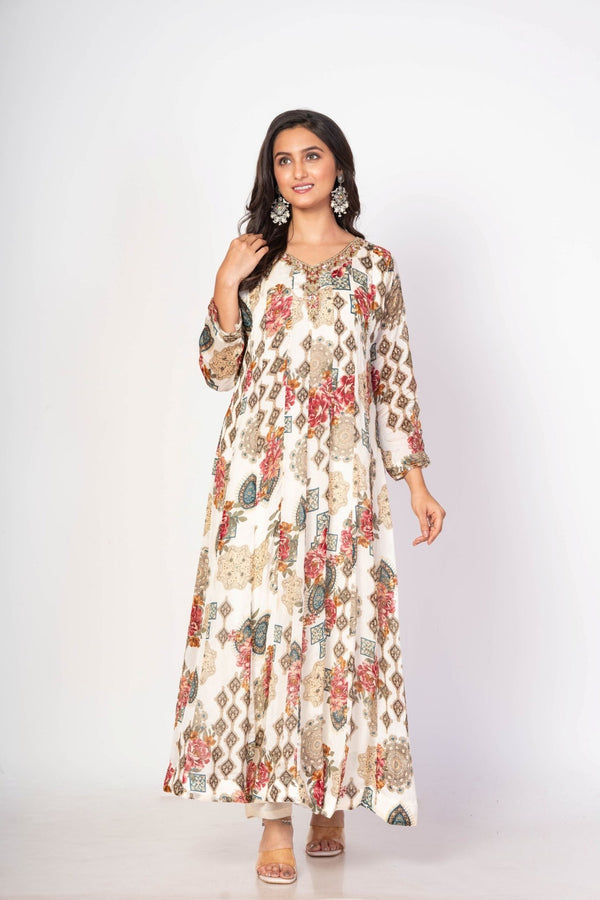 White Floral Printed Anarkali Set With Embroidered Work - Anvi Couture Image 1