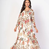 White Floral Printed Anarkali Set With Embroidered Work - Anvi Couture