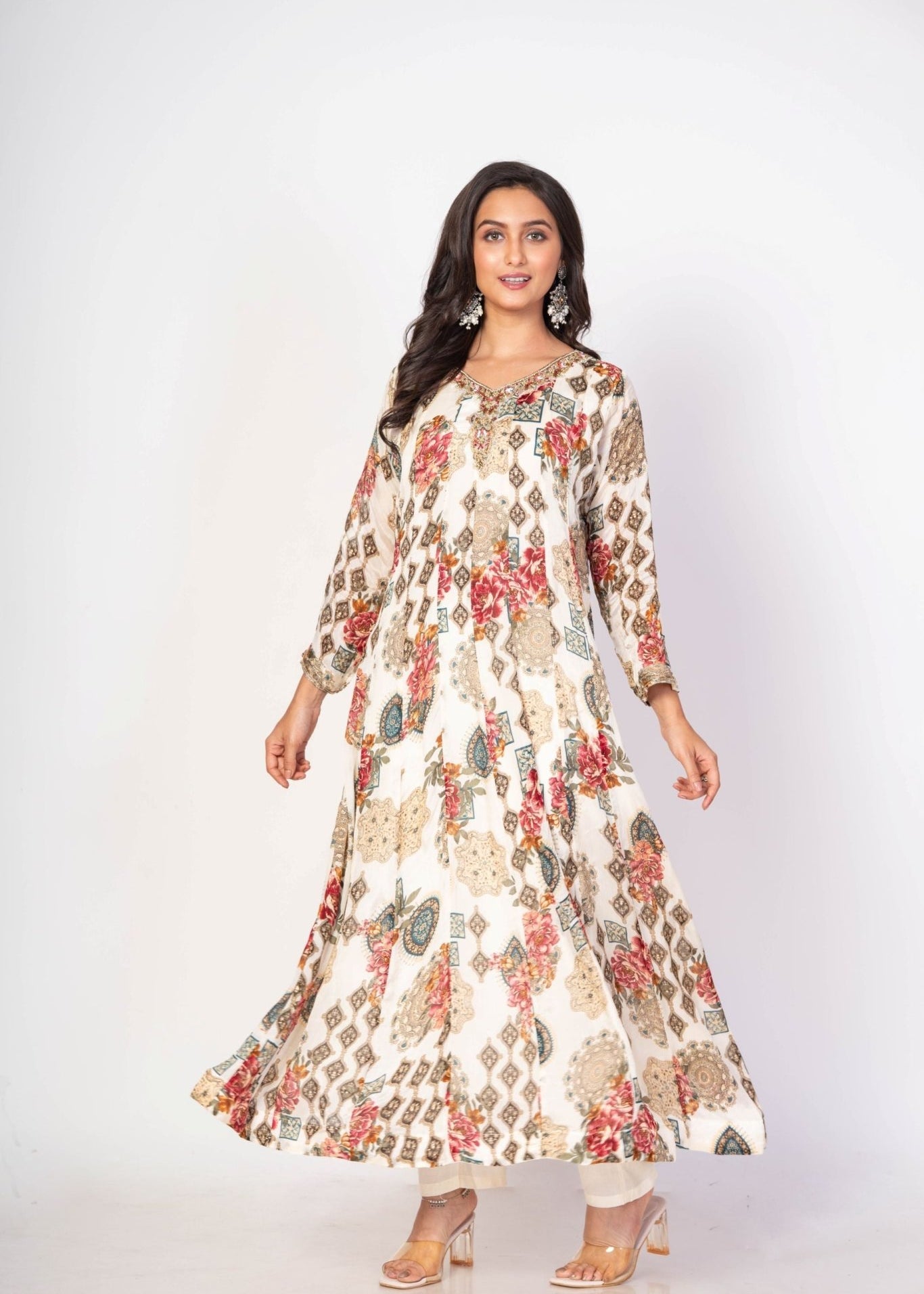 White Floral Printed Anarkali Set With Embroidered Work - Anvi Couture
