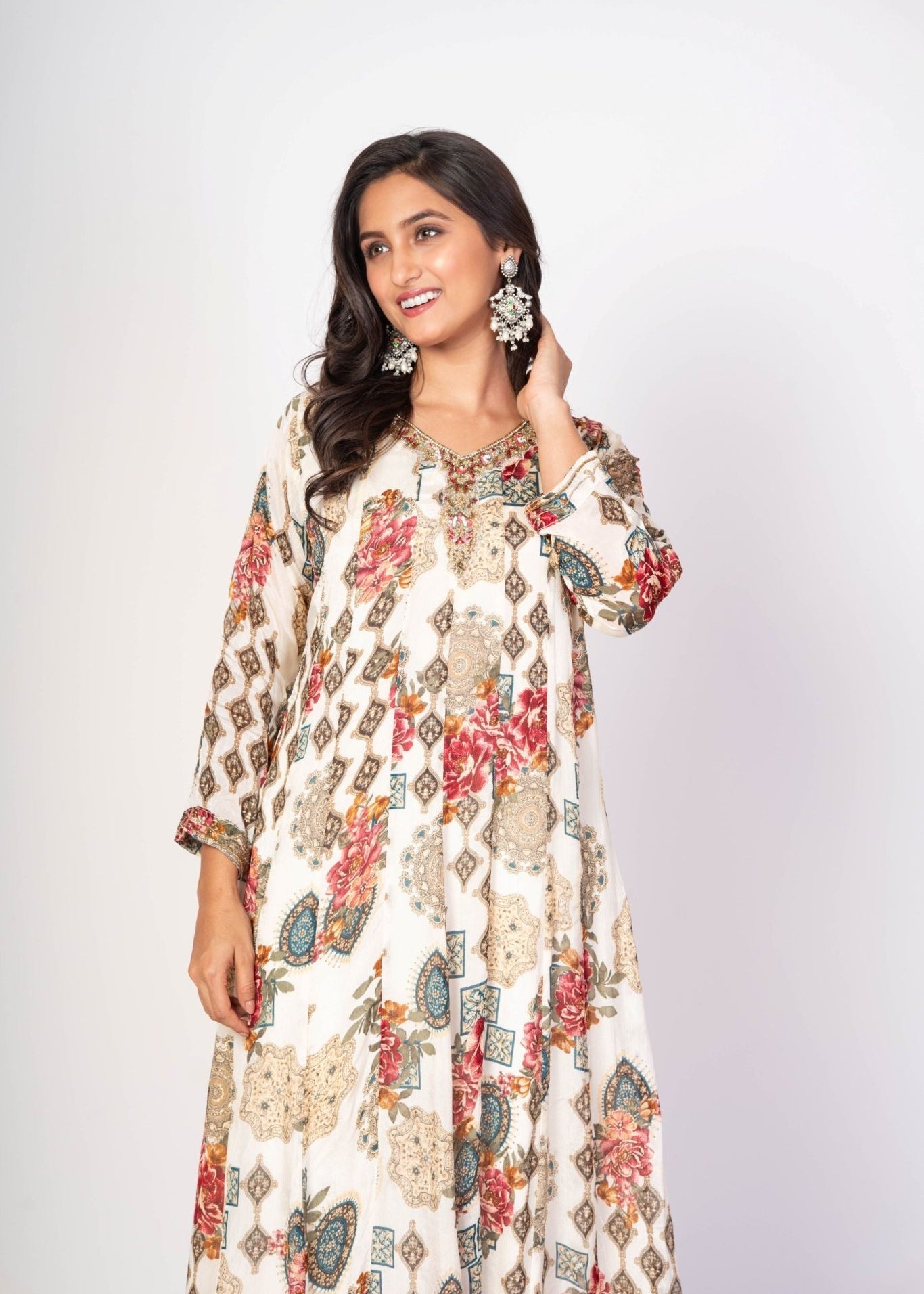White Floral Printed Anarkali Set With Embroidered Work - Anvi Couture