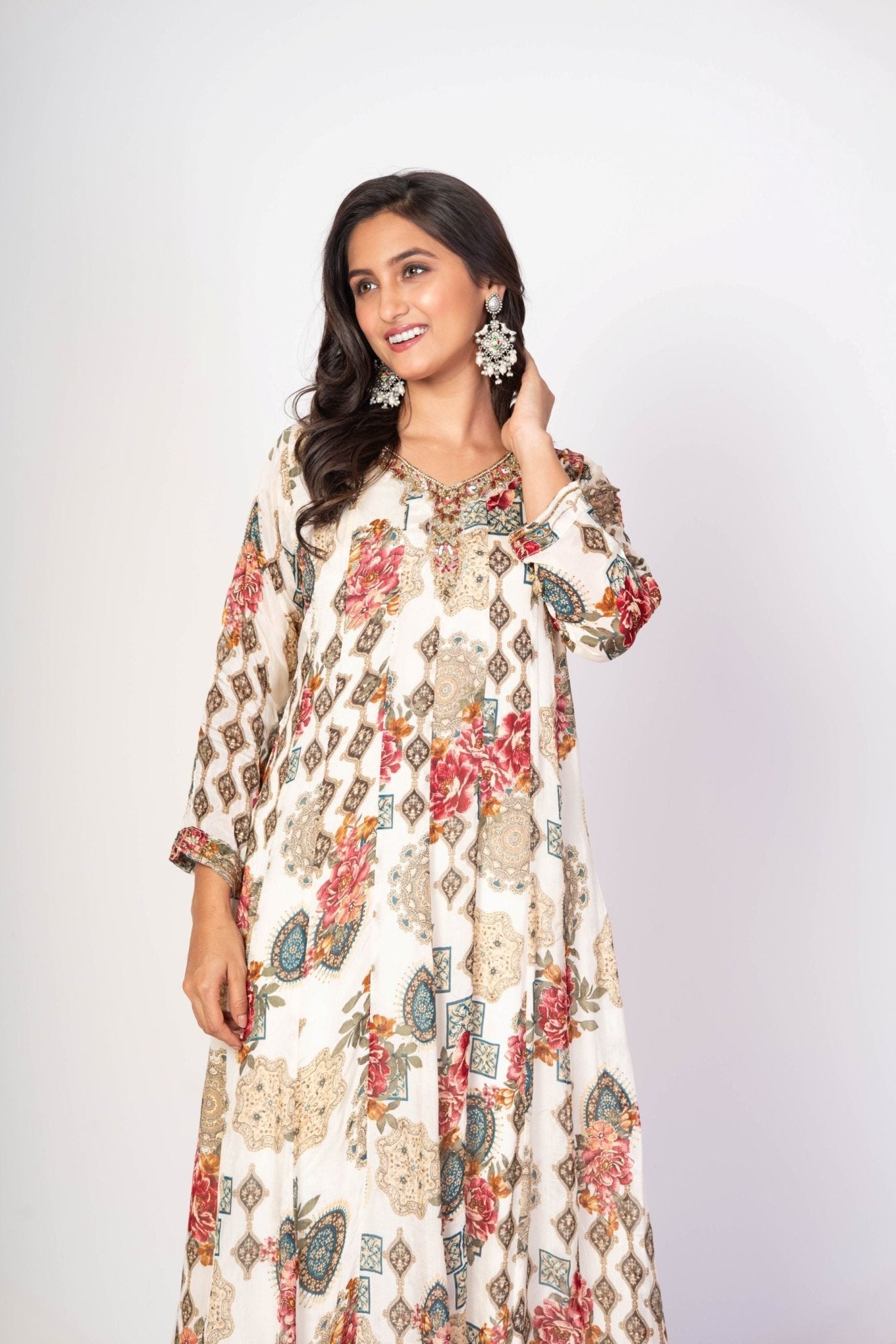 White Floral Printed Anarkali Set With Embroidered Work - Anvi Couture