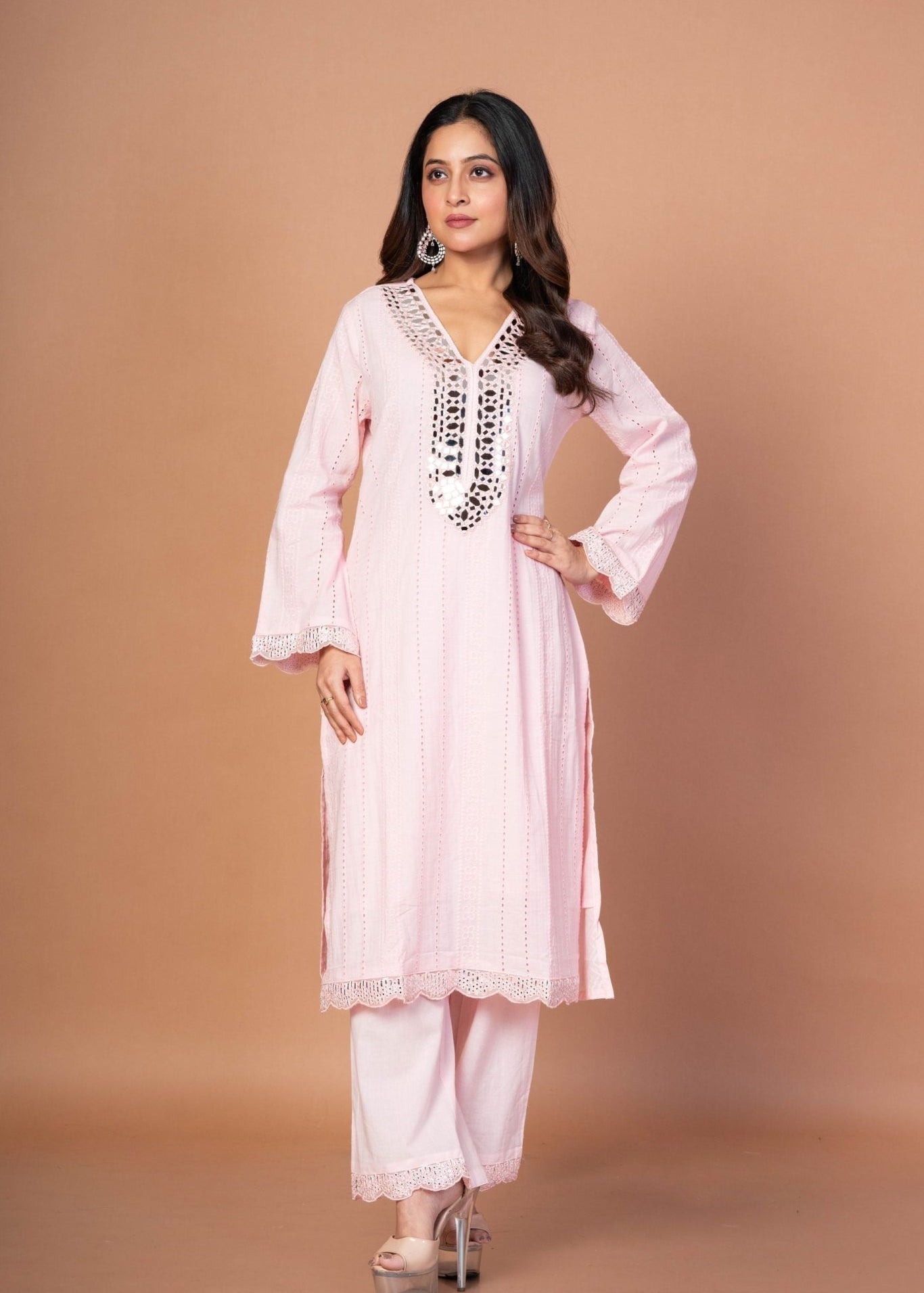 Pink Kurti Set With Mirror Work - Anvi Couture