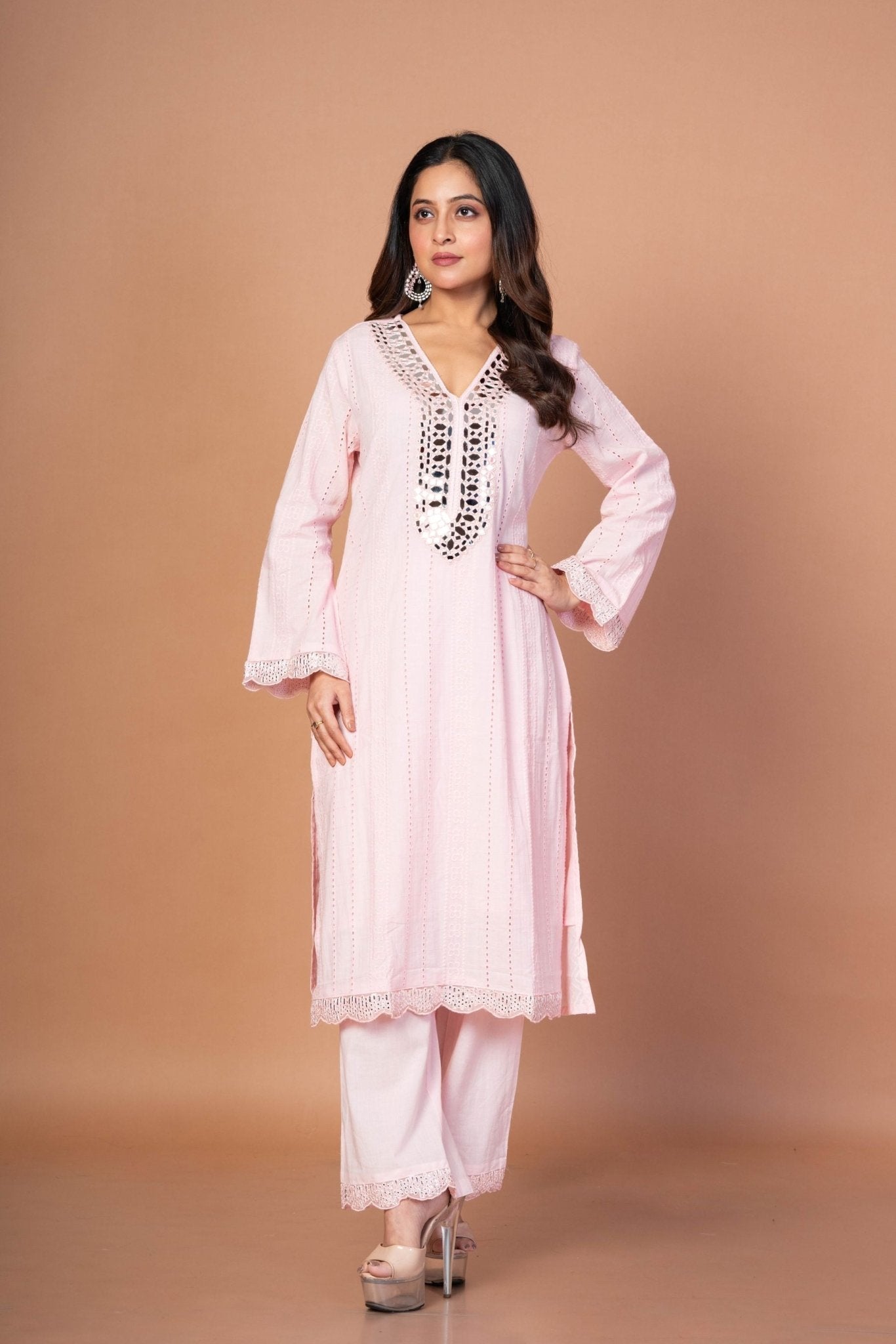 Pink Kurti Set With Mirror Work - Anvi Couture