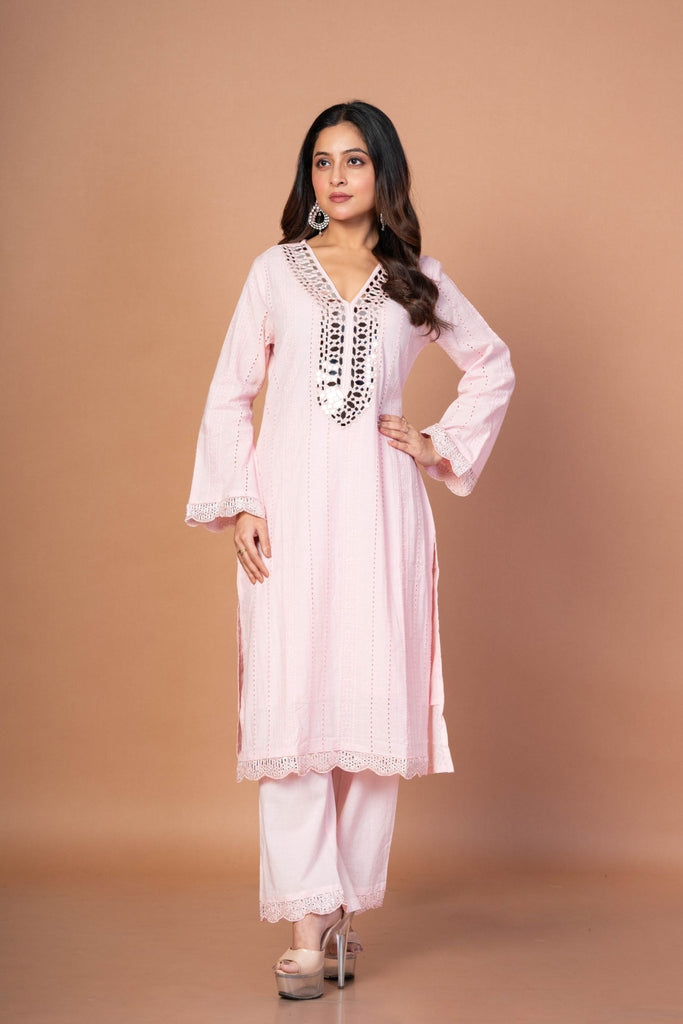 Pink Kurti Set With Mirror Work