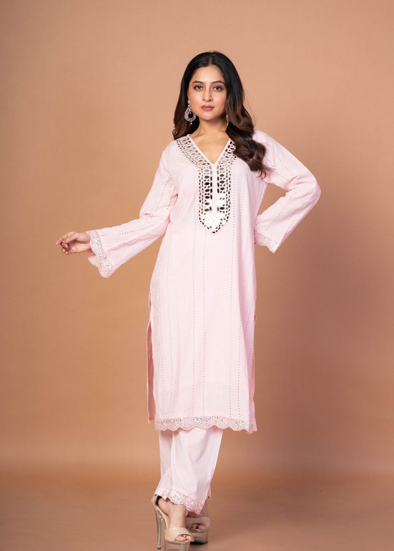 Pink Kurti Set With Mirror Work - Anvi Couture