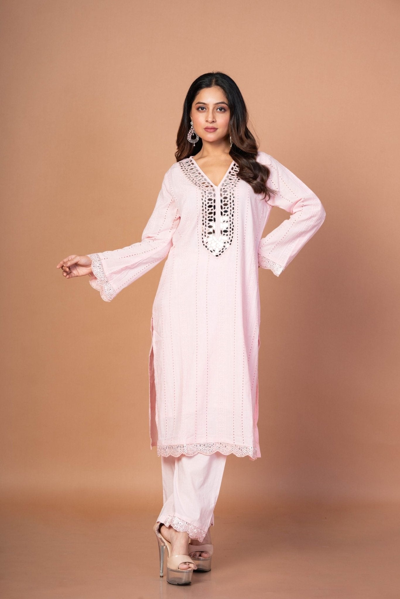 Pink Kurti Set With Mirror Work - Anvi Couture