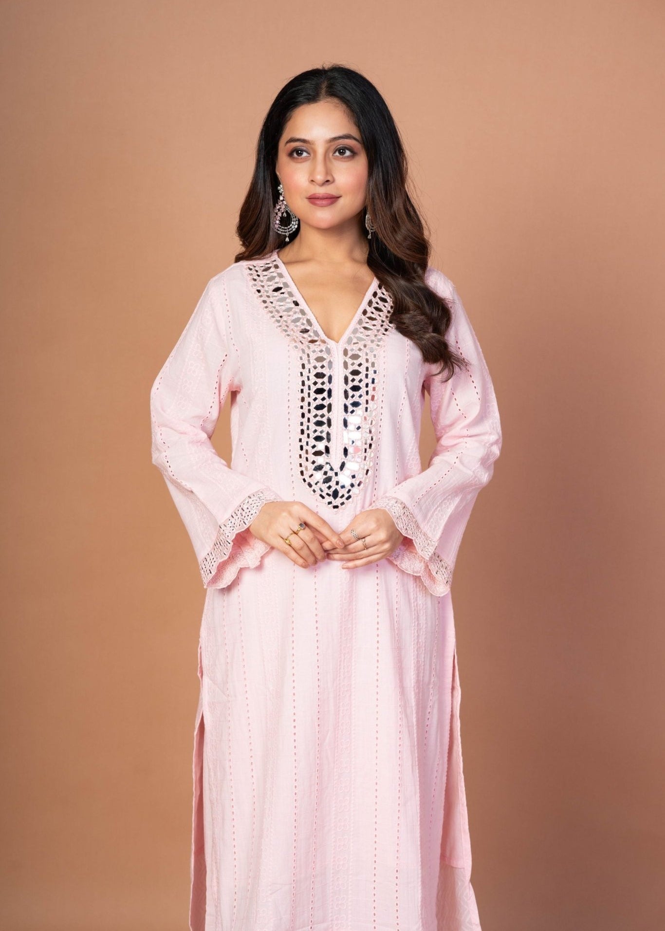 Pink Kurti Set With Mirror Work - Anvi Couture