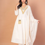 White and Gold Anarkali Kurti Set with Mirror Embroidered Work - Anvi Couture