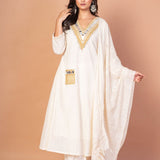White and Gold Anarkali Kurti Set with Mirror Embroidered Work - Anvi Couture
