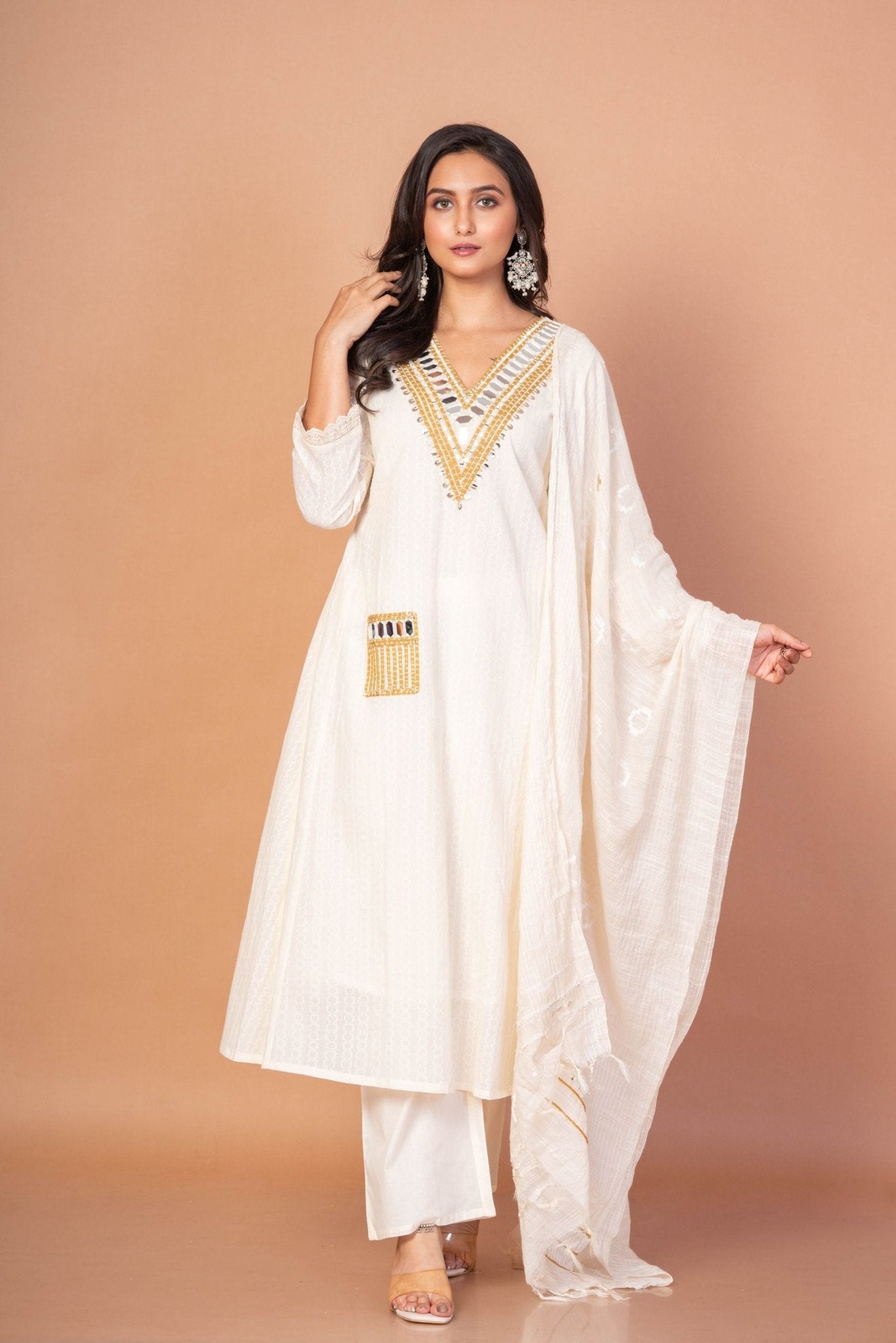 White and Gold Anarkali Kurti Set with Mirror Embroidered Work - Anvi Couture
