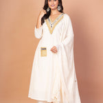White and Gold Anarkali Kurti Set with Mirror Embroidered Work - Anvi Couture
