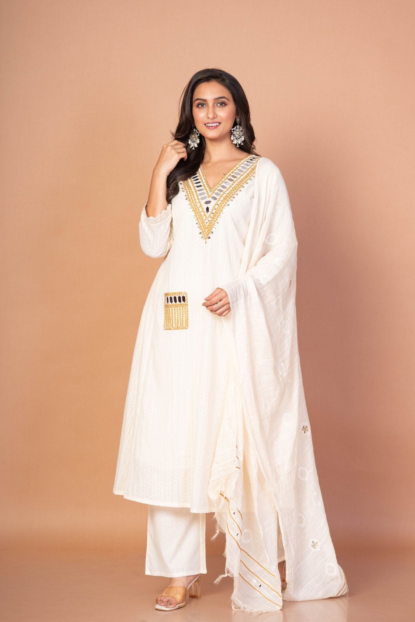 White and Gold Anarkali Kurti Set with Mirror Embroidered Work - Anvi Couture