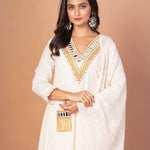 White and Gold Anarkali Kurti Set with Mirror Embroidered Work - Anvi Couture