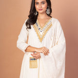 White and Gold Anarkali Kurti Set with Mirror Embroidered Work - Anvi Couture