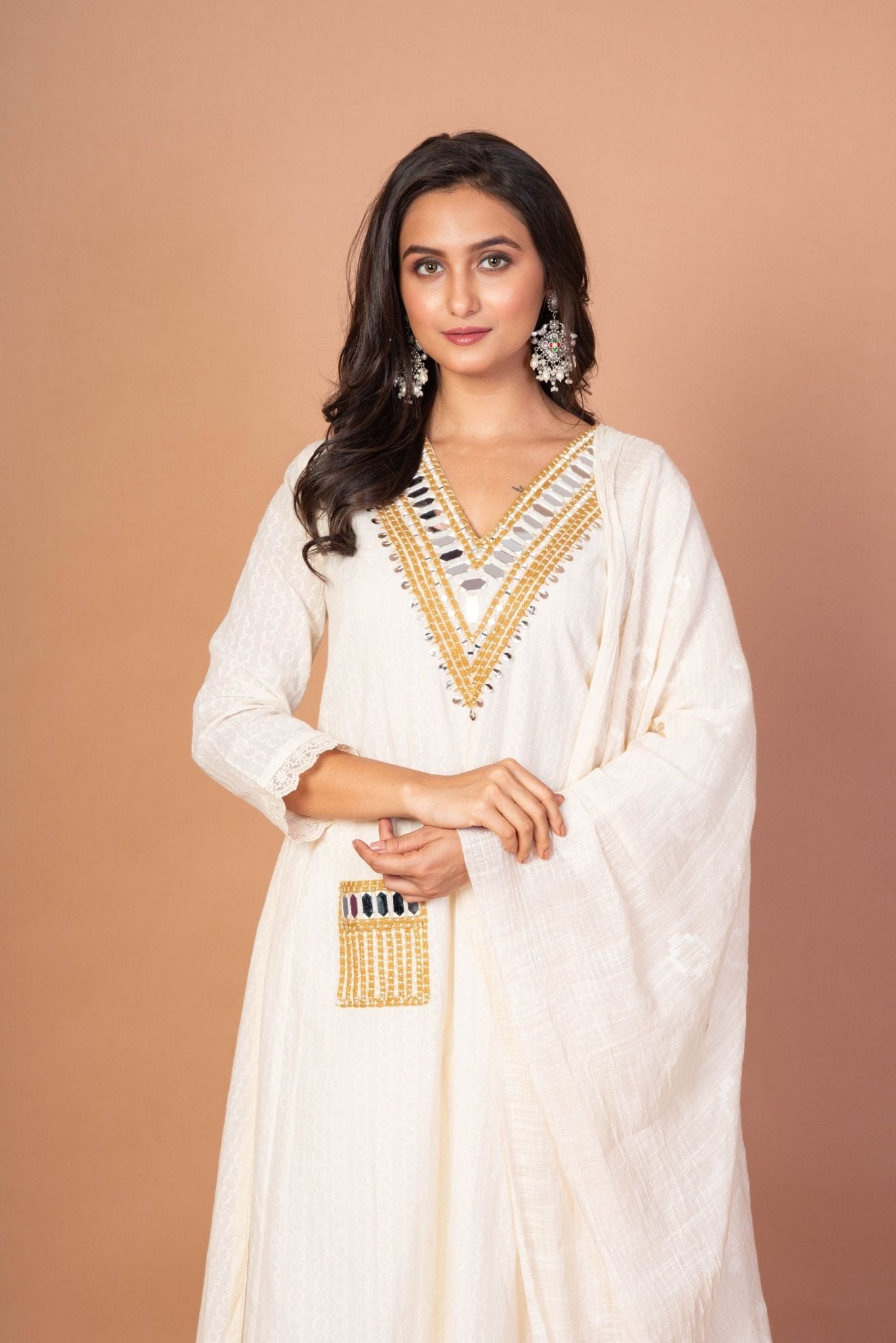 White and Gold Anarkali Kurti Set with Mirror Embroidered Work - Anvi Couture