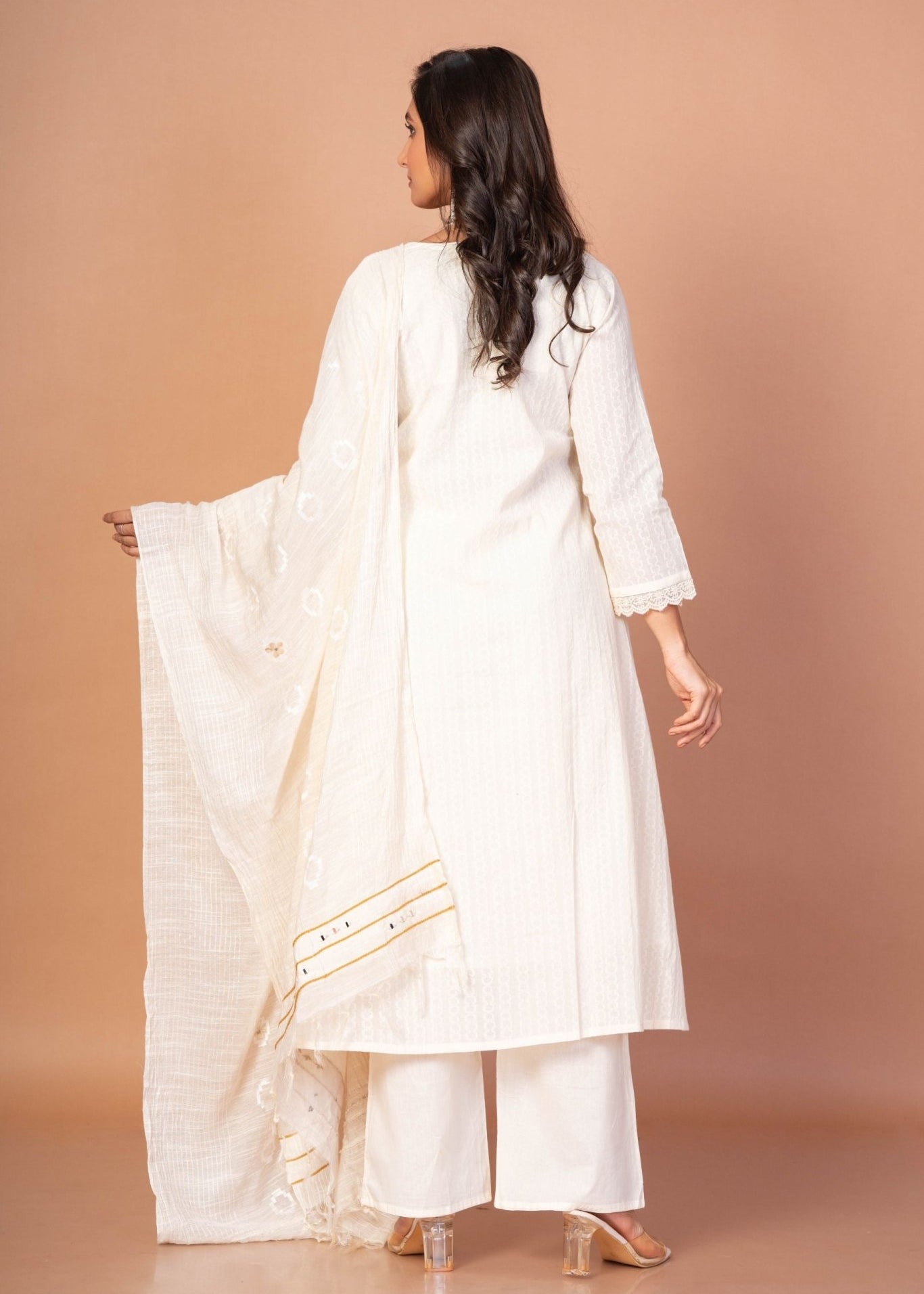 White and Gold Anarkali Kurti Set with Mirror Embroidered Work - Anvi Couture
