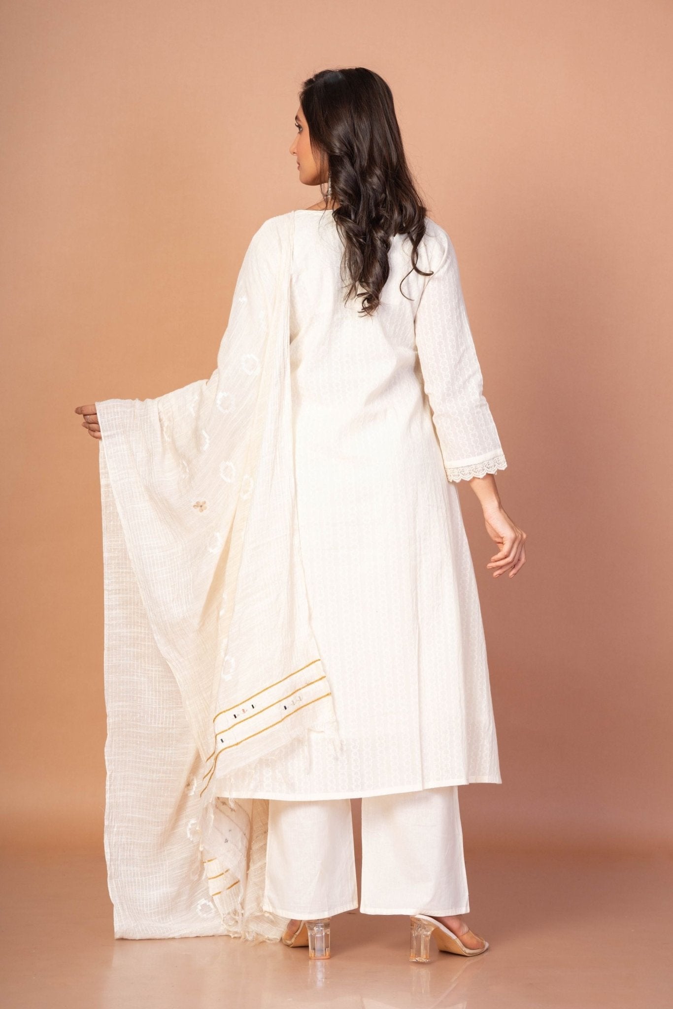 White and Gold Anarkali Kurti Set with Mirror Embroidered Work - Anvi Couture