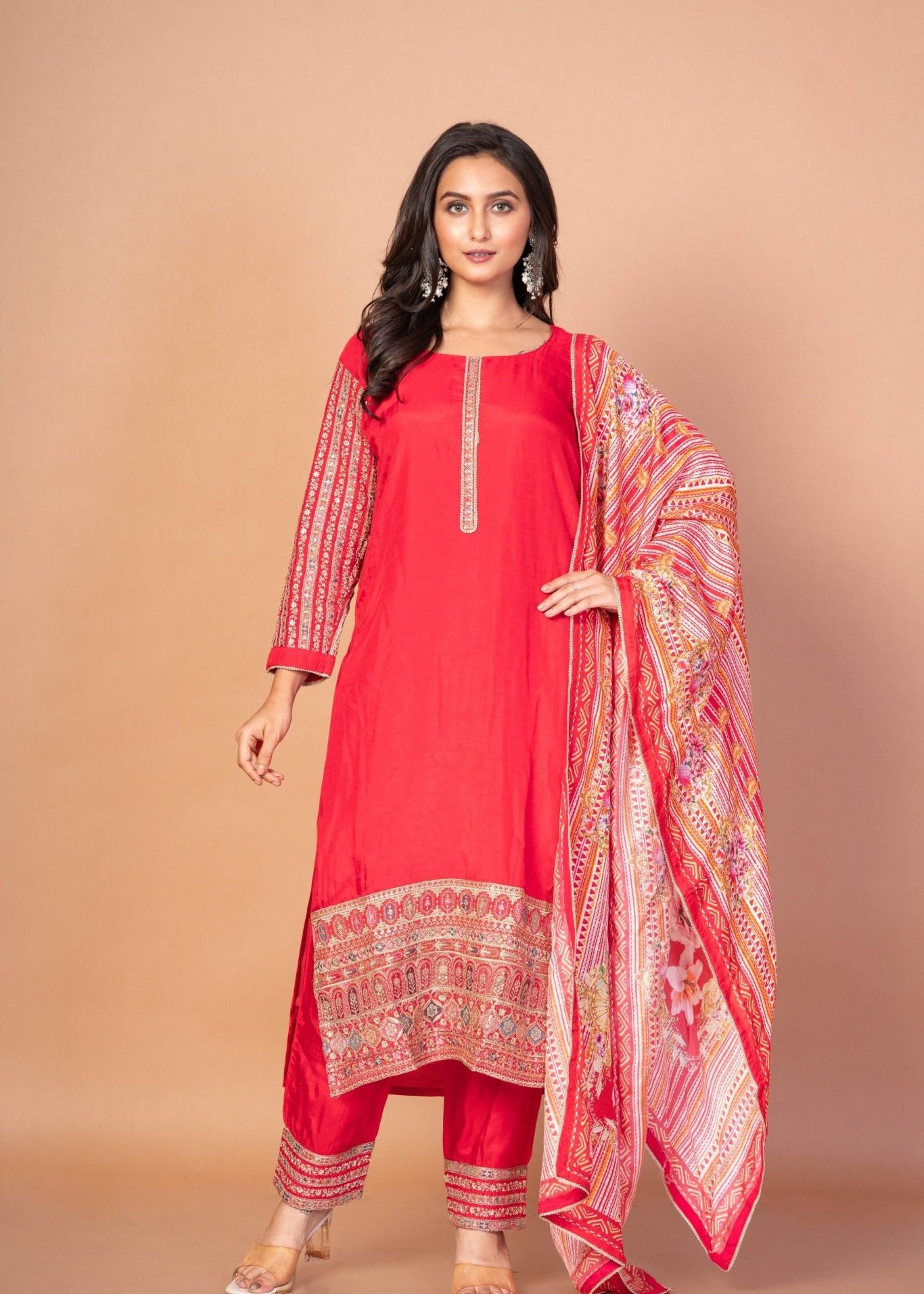 Gorgeous Red Kurti Set With Printed Dupatta - Anvi Couture