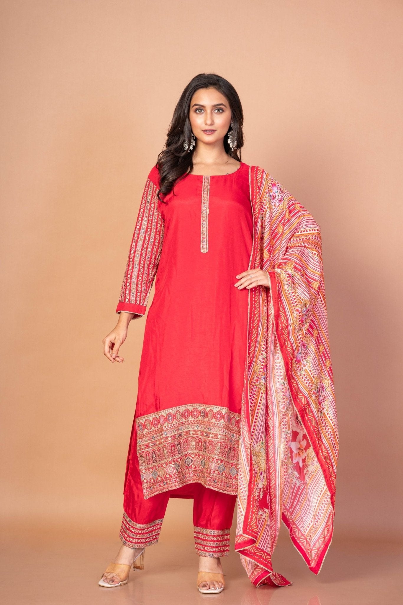 Gorgeous Red Kurti Set With Printed Dupatta - Anvi Couture