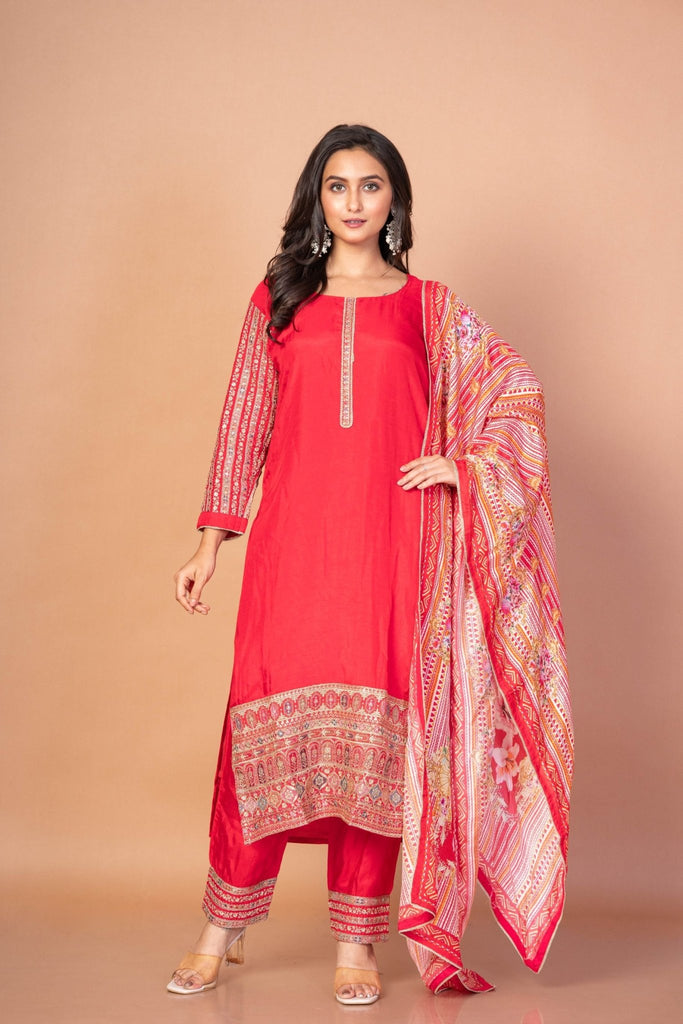 Gorgeous Red Kurti Set With Printed Dupatta