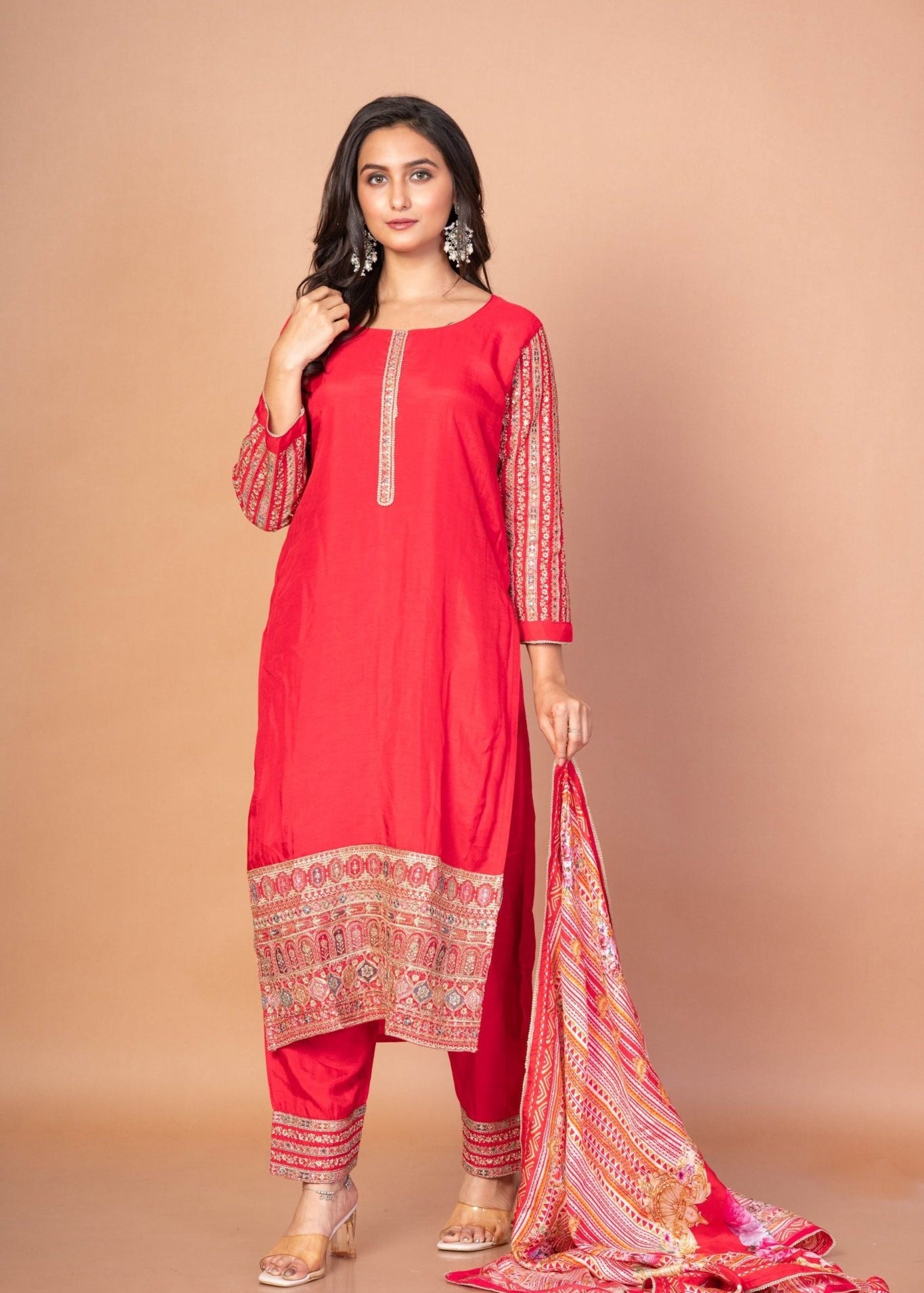 Gorgeous Red Kurti Set With Printed Dupatta - Anvi Couture