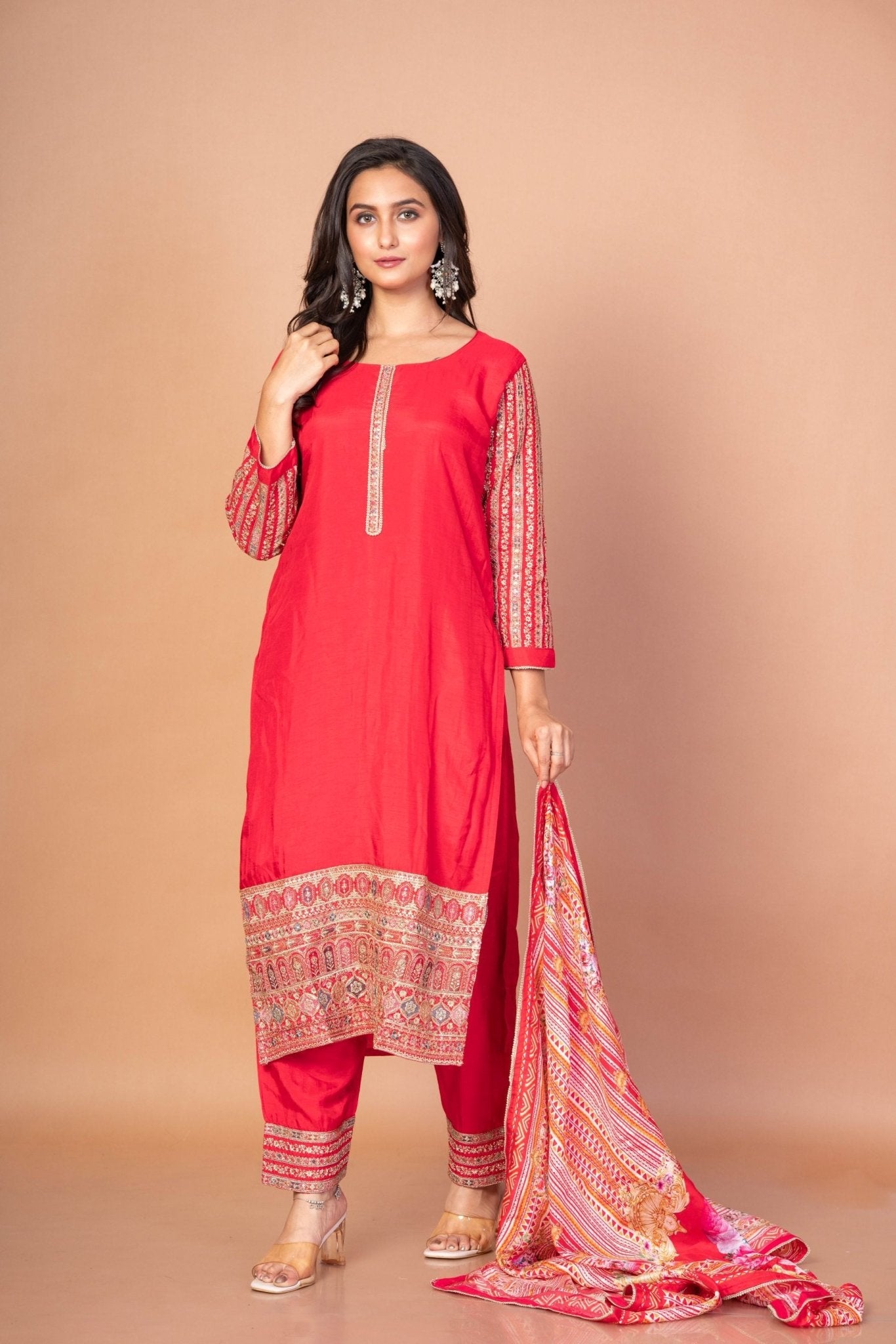 Gorgeous Red Kurti Set With Printed Dupatta - Anvi Couture