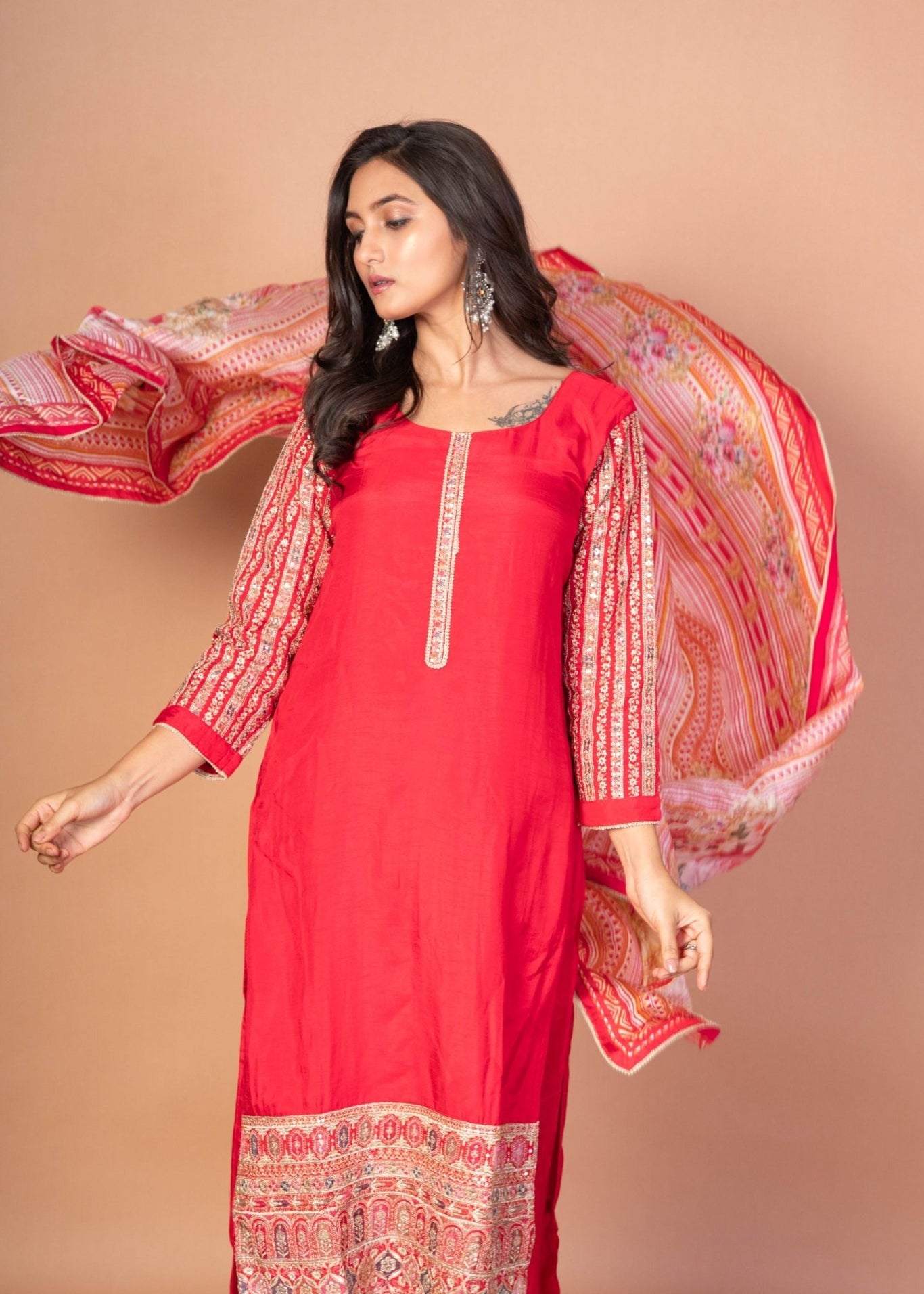 Gorgeous Red Kurti Set With Printed Dupatta - Anvi Couture