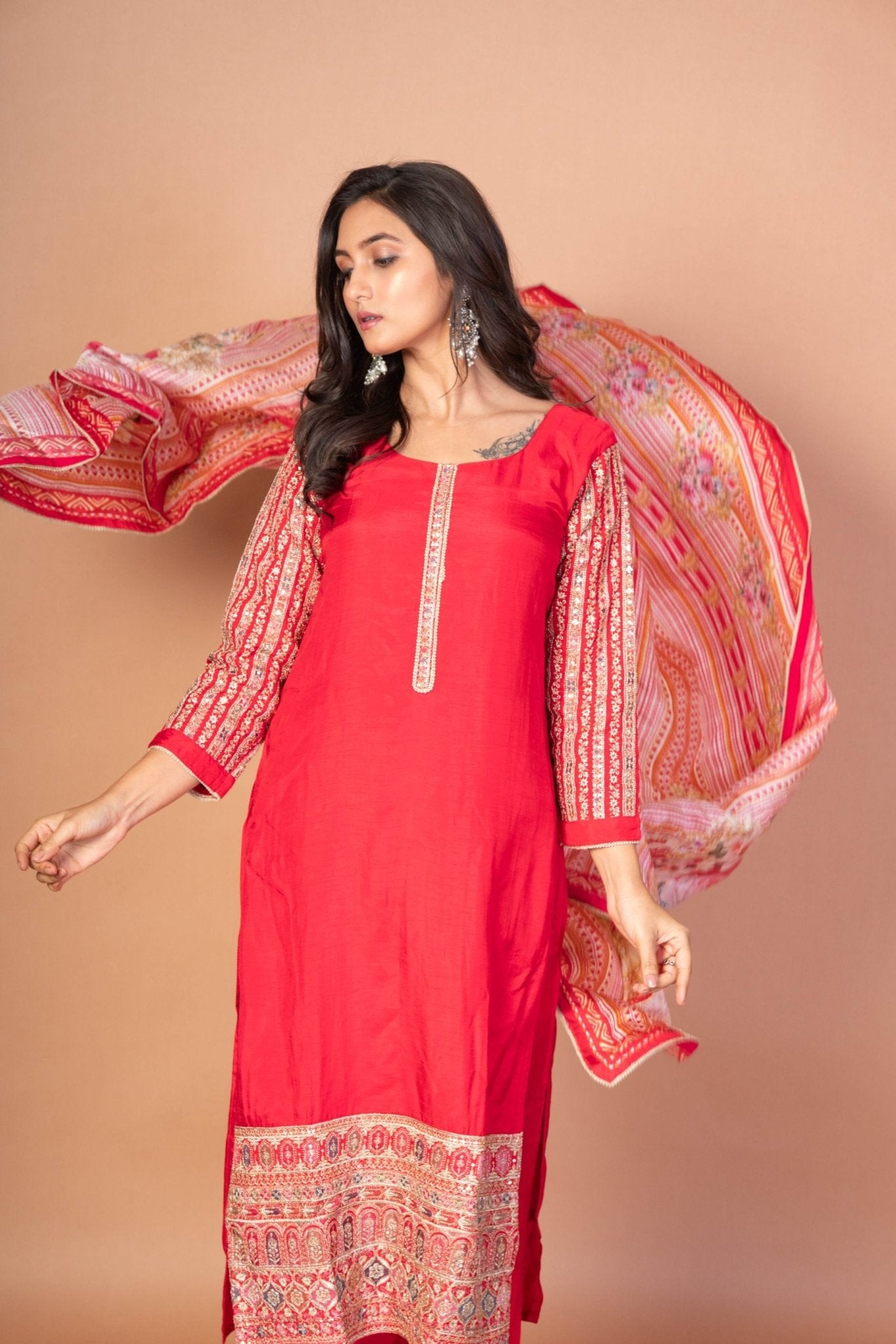 Gorgeous Red Kurti Set With Printed Dupatta - Anvi Couture