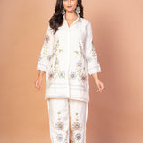 White Co - Ord Set With Floral Thread Embroidered Work - Anvi Couture