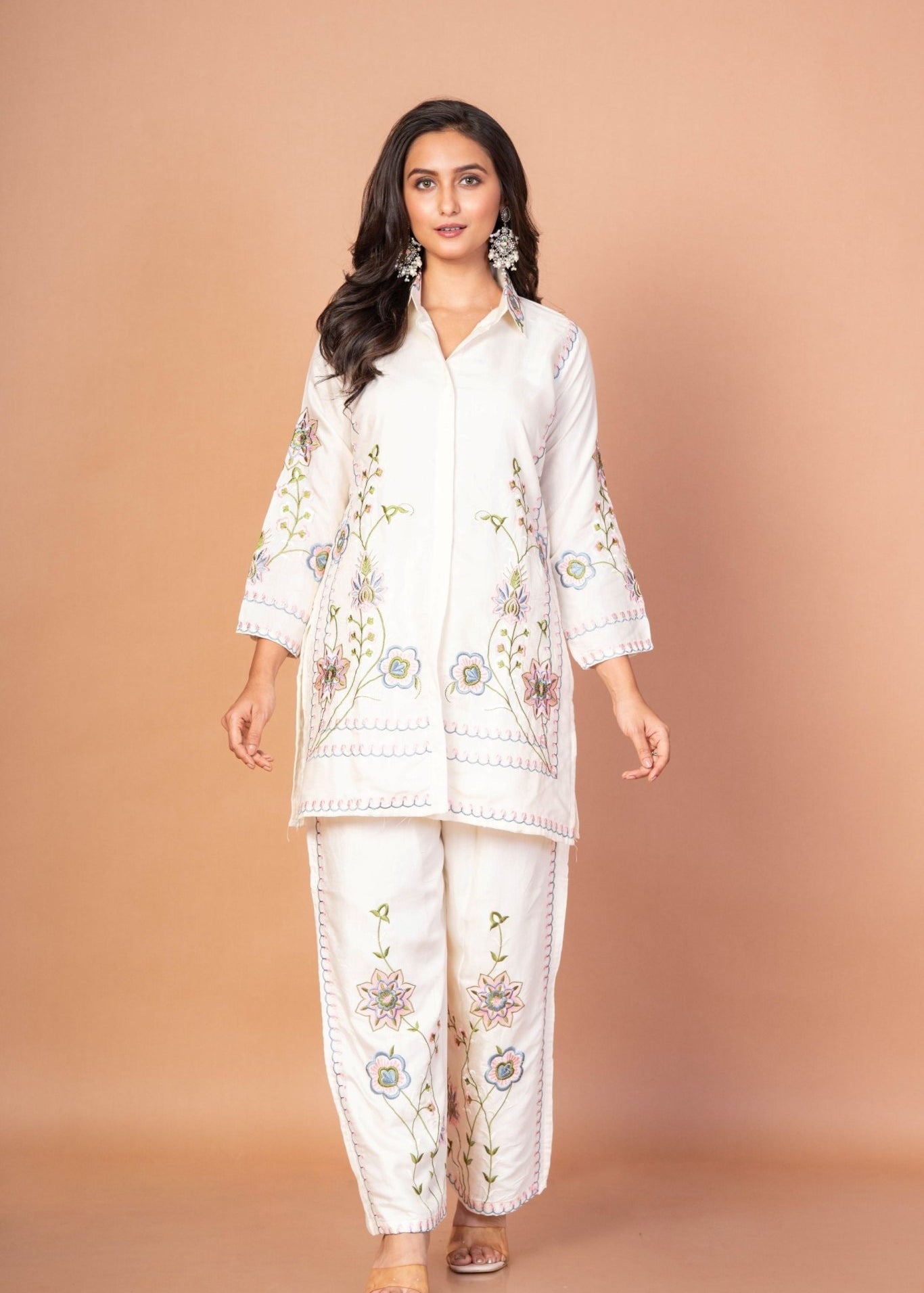 White Co - Ord Set With Floral Thread Embroidered Work - Anvi Couture