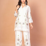 White Co - Ord Set With Floral Thread Embroidered Work - Anvi Couture