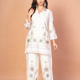 White Co - Ord Set With Floral Thread Embroidered Work - Anvi Couture