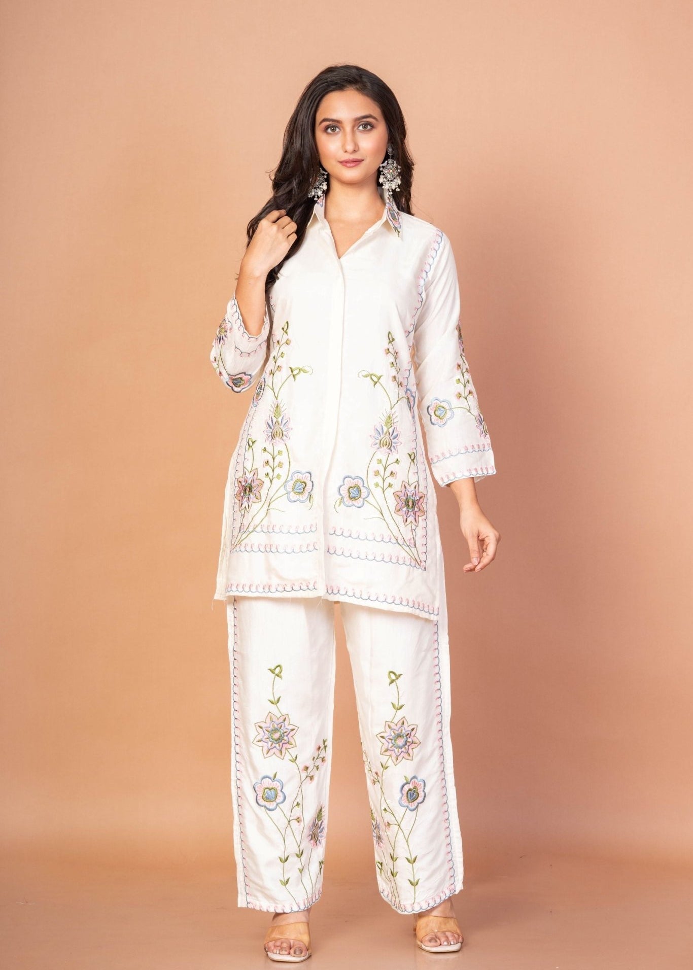 White Co - Ord Set With Floral Thread Embroidered Work - Anvi Couture