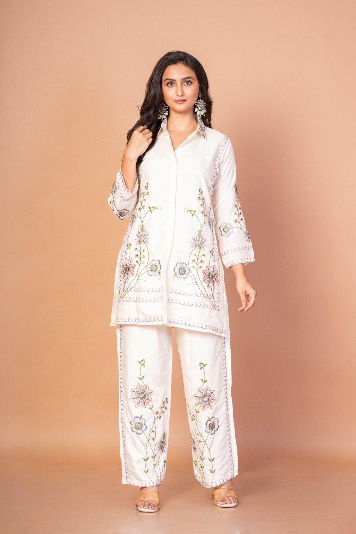 White Co - Ord Set With Floral Thread Embroidered Work - Anvi Couture