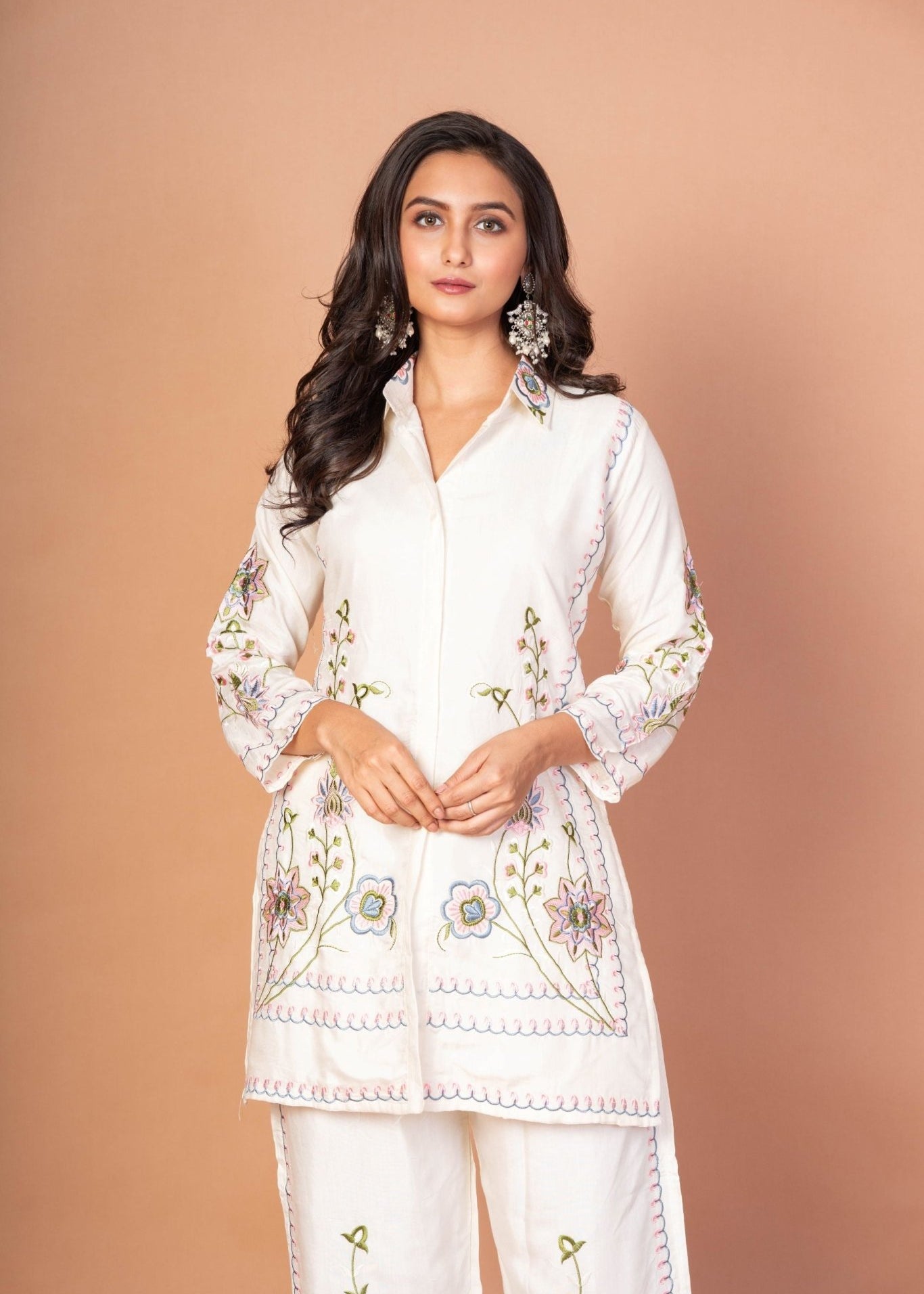 White Co - Ord Set With Floral Thread Embroidered Work - Anvi Couture